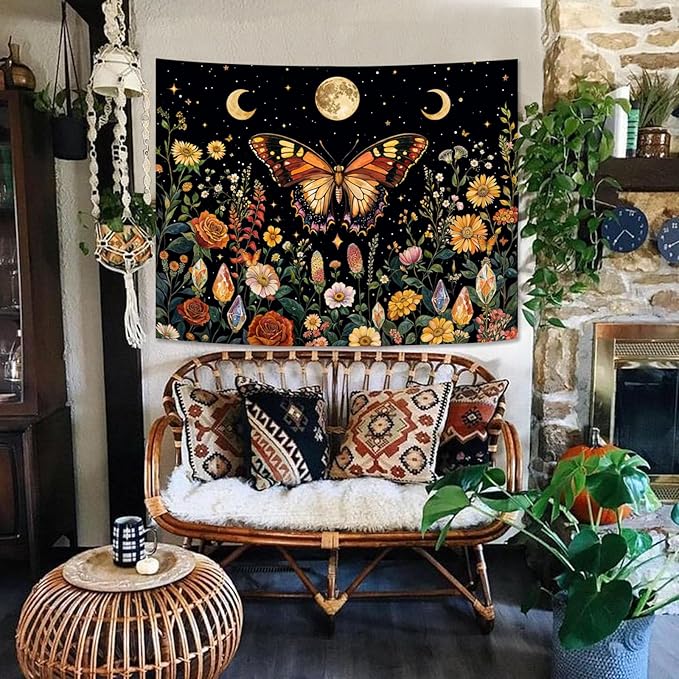 Lunerfex Boho Butterfly Tapestry Flower Moon Wall Tapestry, Moon Phases Tapestries for Bedroom Cute Tapestries Wall Hanging for Bedroom Living Room Wall Decor Butterfly-2 44"x60"