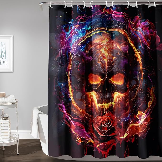 AILONEN Gothic Skull Shower Curtains for Bathroom,Red and Black Skeleton Sugar Skull Bath Curtain,Romantic Rose Flower Goth Skull Decor,Boys Men Curtain 12 Plastic Hooks Waterproof, 72" W x 96" H