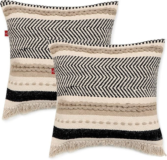 REDEARTH · Handmade Boho Throw Pillow Covers - Bohemian Chic Farmhouse Style - Accent Woven Indoor and Outdoor Pillow Cushion Cases for Couch, Bed, Chair, Sofa, Bench – Set of 2-18"x18" - Natural