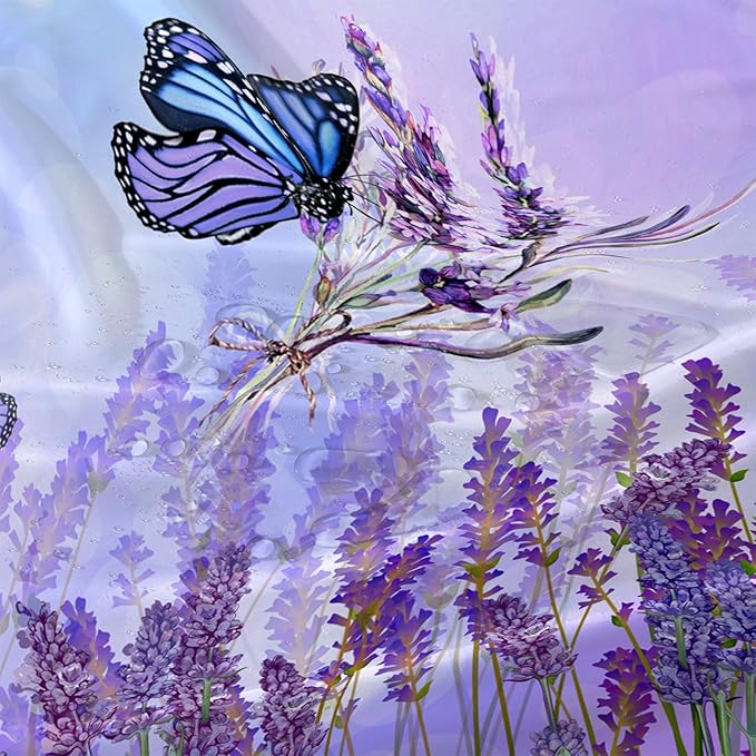 AILONEN Flying Butterfly Shower Curtain for Girl Women,Purple Lavender Flower Butterfly Floral Decor Bath Curtain 36" W*72" H Polyester Fabric Waterproof Bathroom Bathtub Curtain with 12 Hooks
