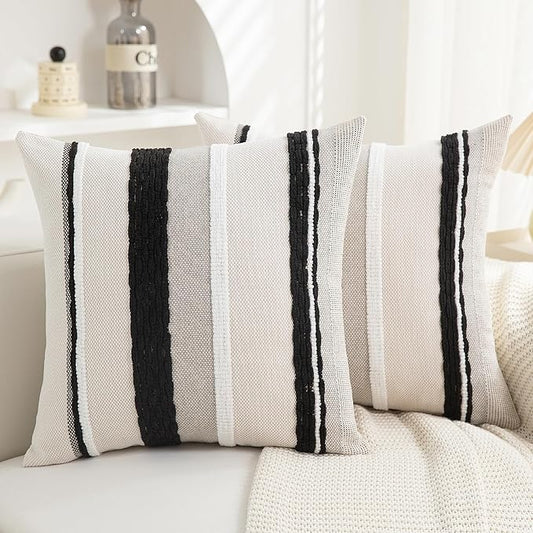 Boho Pillow Covers 18x18 Set of 2 for Couch-Modern Farmhouse Sofa Decorative Throw Pillow Covers Textured Chenille Cushion Covers Outdoor Netural Bohemian Pillow Cases Square