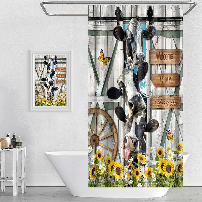 Farmhouse Cow Shower Curtain Funny Animal Butterfly Sunflower Cow Shower Curtains for Bathroom Decor Waterproof Polyester Fabric Western Barn Door Bathroom Curtain with Hooks 55x72 Inch