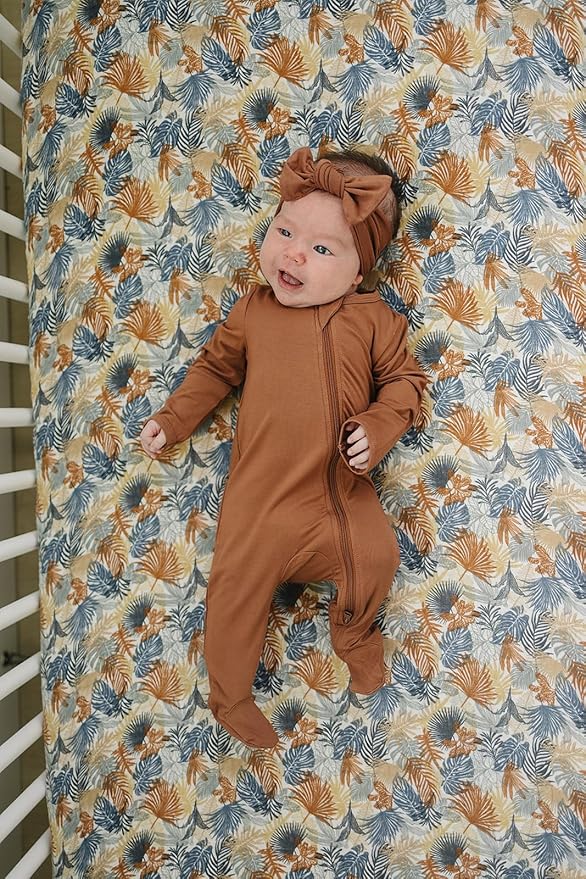 Paradise Palms Muslin Crib Sheet by Mebie Baby, Soft and Breathable Bed Sheets for Babies, Modern Neutral Bedding for Cribs, Standard Crib Mattress Fitted Sheet, Great for Boy or Girl Room or Nursery