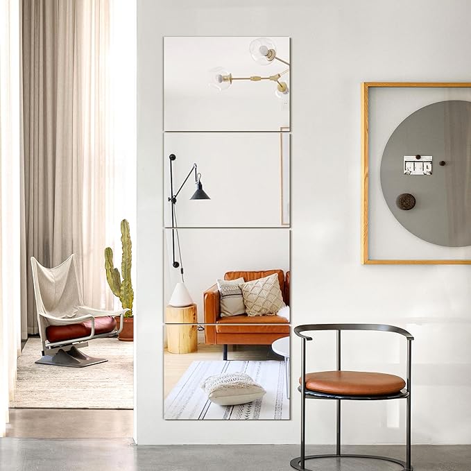 Wall Mirror Tiles, 16"x12"x4PCS Full Length Home Gym Mirror for Garage, Bedroom, Living Room, Over The Door