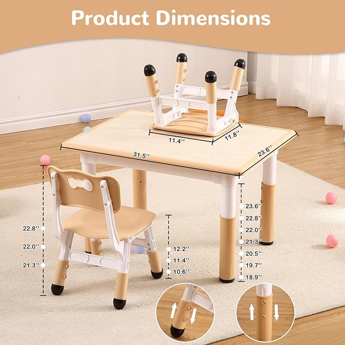 Kids Table and Chairs Set, Height Adjustable Desk With 4 Seats for Ages 2-10,Arts & Crafts Table,Graffiti Desktop, Non-Slip Legs, Max 300lbs, Children Multi-Activity Table for Classrooms,Daycares,Home