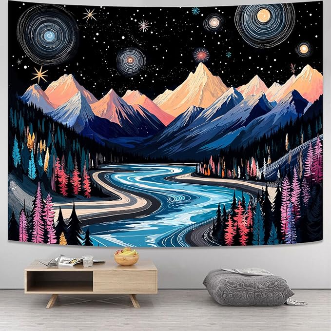 Lunerfex Mountain Tapestry, Starry Sky Landscape Tapestry, 60" x 44", Bedroom & Living Room Wall Decor