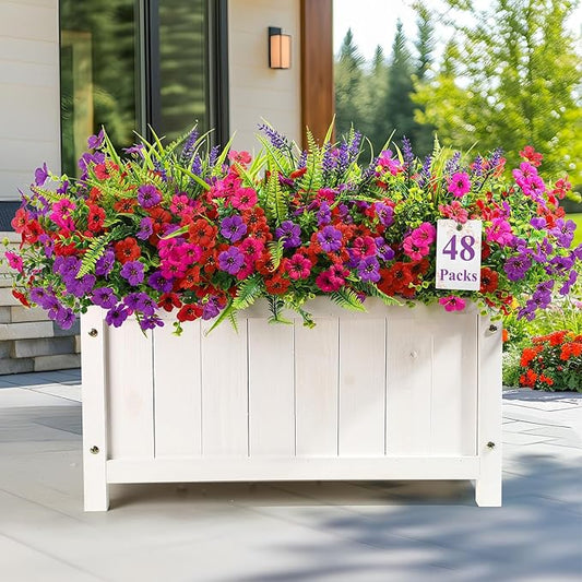48 Bundles Artificial Flowers for Outdoors Spring Summer Decoration, UV Resistant Eucalyptus Violet and Lavender Silk Fake Plants for Outside Indoor Yard Home Patio Decor, Red Rose Purple