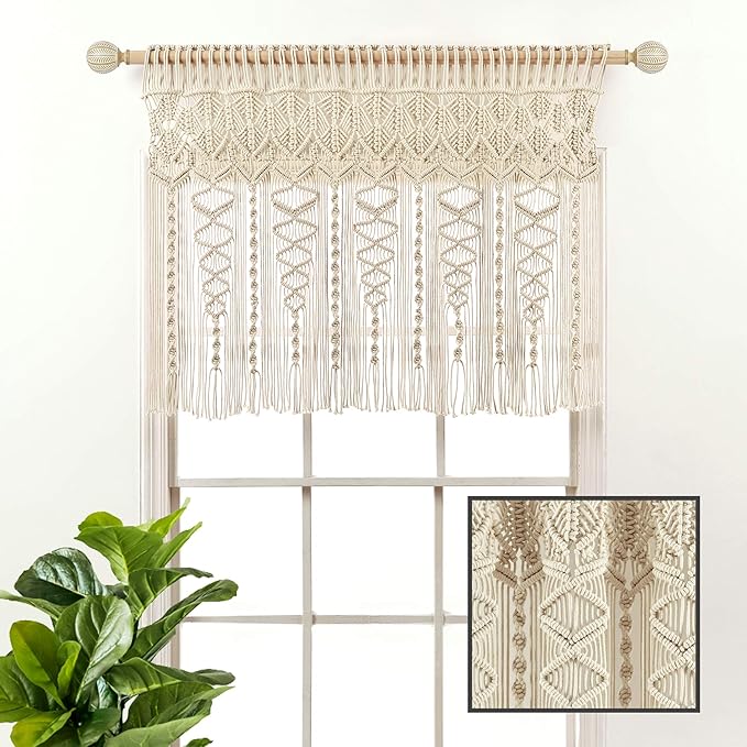 Lush Decor Boho Macrame Textured Cotton Valance, 40" W x 30" L, Neutral - Boho Kitchen Curtains & Wall Decor - Macrame Valance - Bathroom Window Curtains