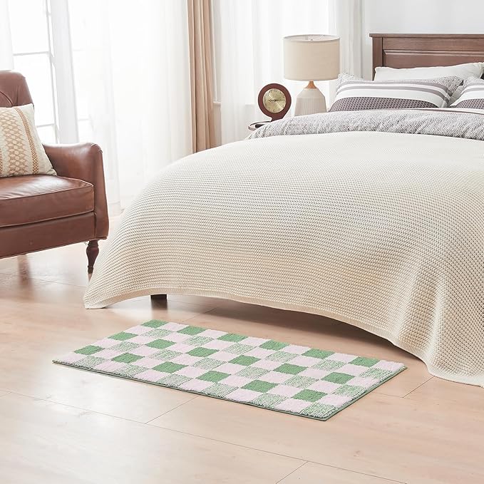 CozeCube Checkered Bath mats Non Slip, Fluffy Absorbent Microfiber Runner Bath mat Washable, Aesthetic Bathroom Rugs, Long Bath mat for Bathroom Floor, Sage Green, 47"X24"