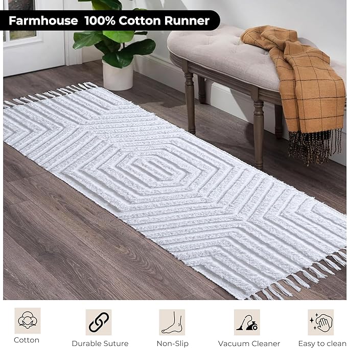 Boho Runner Rug 2x6' Washable Kitchen Rugs with Tassels Indoor Farmhouse Rugs for Bedroom Aesthetic Tufted Rug for Laundry Room Doorway Living Room_White