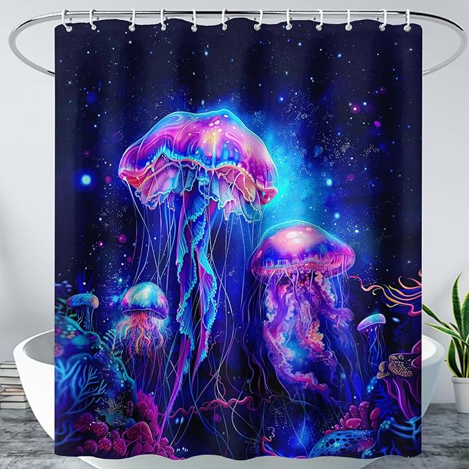 AILONEN Jellyfish Shower Curtain,Cartoon Magic Jellyfish Waterproof Fabric Shower Curtain Set for Bathroom,Boho Style Starry Night Coral Bath Curtain with Hooks for Kids Girls, 60" W*72" H