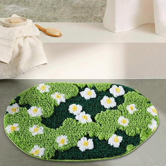Cute Moss Rug, Green Floral Bath Mat Aesthetic Bathroom Rug 24''W x 36''L Non Slip Washable, Modern Chic Boho Funky Throw Area Rugs for Bedroom Kitchen Bathroom