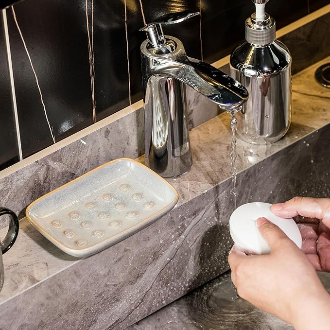 Soap Dish for Shower, Ceramic Soap Dish Non-Slip Soap Holder Bar Saver Tray for Bathroom Kitchen Sink, Floating Point Design Save Soap Loss