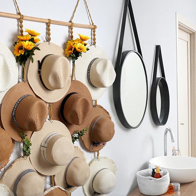 Macrame Hat Organizer Rack for Wall 15 Clips 31x53in Large Fedora Hat Hangers Display for Wide Brimmed Hat Holder Storage Boho Decor for Fedora Sun Straw Panama Closet Bedroom Brown