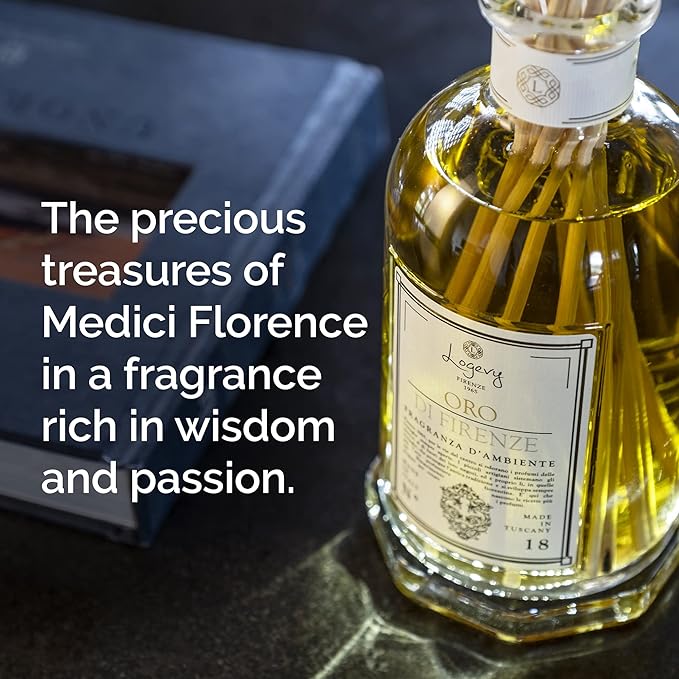 Logevy Firenze 1965 Oro di Firenze – Gold of Florence Luxury Home Fragrance Diffuser by Italian Master Perfumer with Floral & Earthy Notes in Elegant Glass Bottle with 12 Natural Bamboo Reeds – 500ml