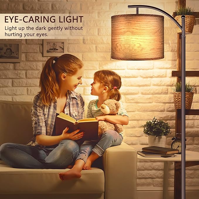 ROTTOGOON Floor Lamp for Living Room, LED Standing Lamp with Wood Pattern Lamp Shade Tall Industrial Floor Lamp Reading for Bedroom, Office (9W LED Bulb Included) - (Oil-Rubbed Bronze)