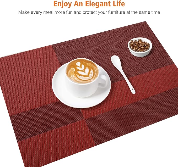 Placemats Set of 6,Washable,Heat and Stain Resistant Indoor/Outdoor Place mats, Vinyl Woven Non Slip Table Mats for Restaurant Table Protection, PVC Table Placemats.(red, 6PCS)