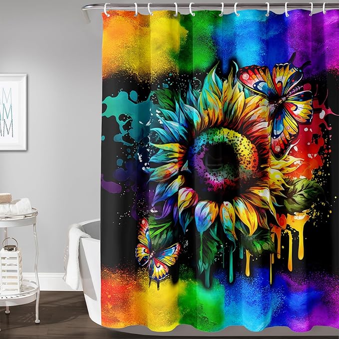 AILONEN Sunflower Shower Curtain, Watercolor Flower Rainbow Decoration,Polyester Fabric,Waterproof with 12 Plastic Hooks Shower Curtains Washable, 72" W x 78" H