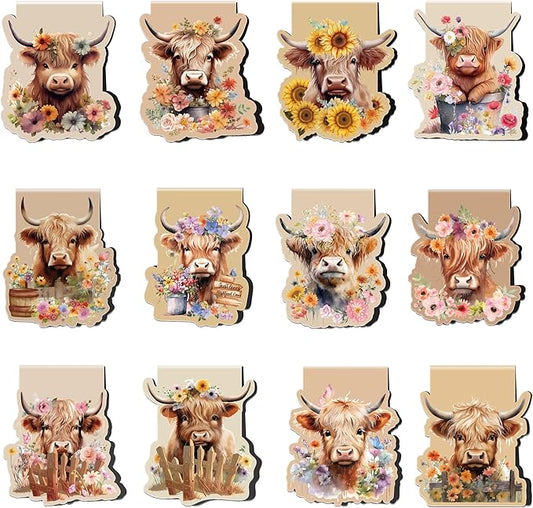 Highland Cow Magnetic Bookmarks: 12 Pcs Cute Cow Magnet Book Page Markers, Flower Animal Book Mark Clips for Reading, Gifts for Kids Women Students Book Lovers Office School Supplies