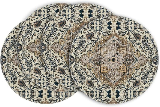 Artoid Mode Boho Round Placemats Set of 4,14 Inch Seasonal Daily Blue Teal Flowers Bohemia Table Mats for Party Kitchen Dining Decoration