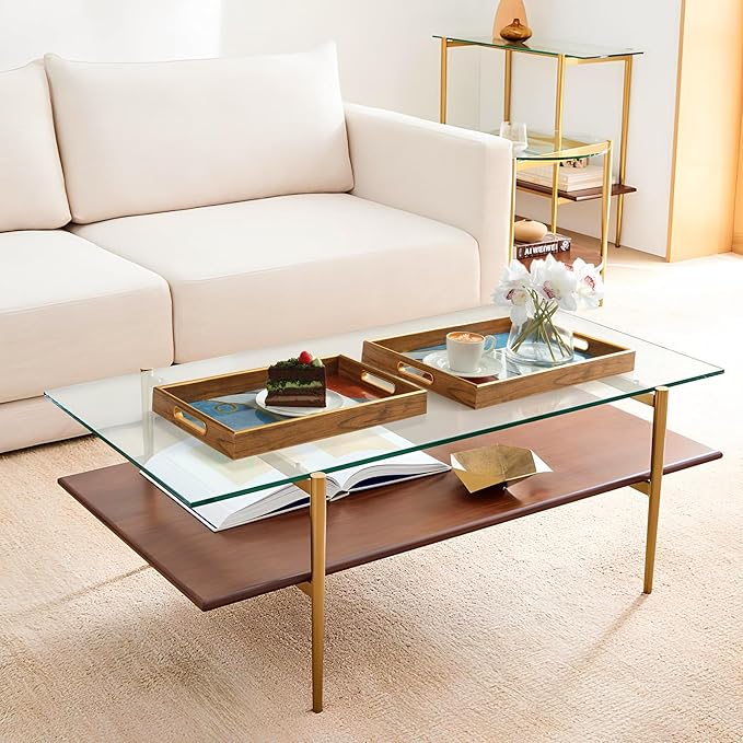 Glitzhome Serving Tray with Handles, Set of 2 Rectangle Wooden & Plastic Abstract Decorative Trays Storage Tray for Living Room Ottoman Coffee Table Parties Supplies, 17.5" x12.5" and 15.75" x 9.75"
