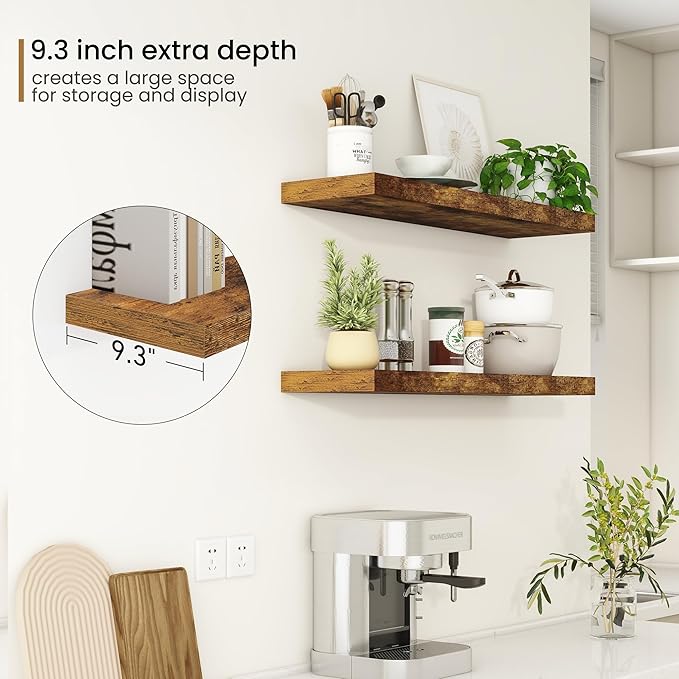 36Inch Floating Shelves, 9.3Inch Deep Rustic Wall Shelves - Extra Deeper & Thicker Wall Mounted Storage Shelf for Kitchen, Farmhouse - Set of 2 - Rustic Brown