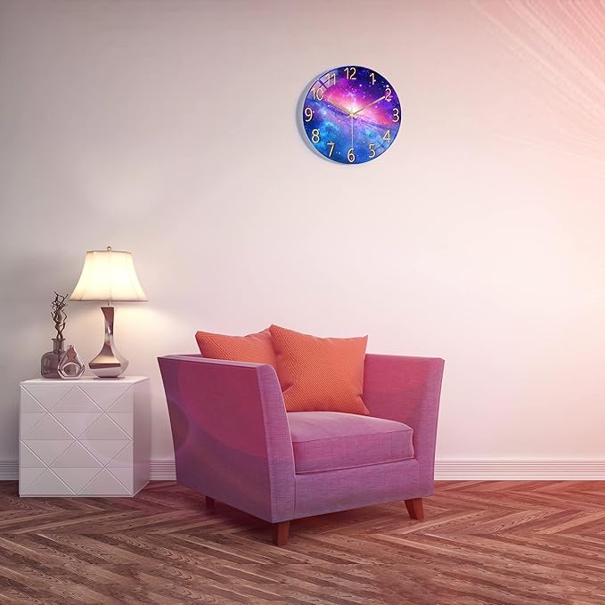 Lafocuse 12 Inch Silent Purple Wall Cloks Battery Operated for Bedroom, Cool Space Galaxy Analog Clock for Living Room Decor, Glass