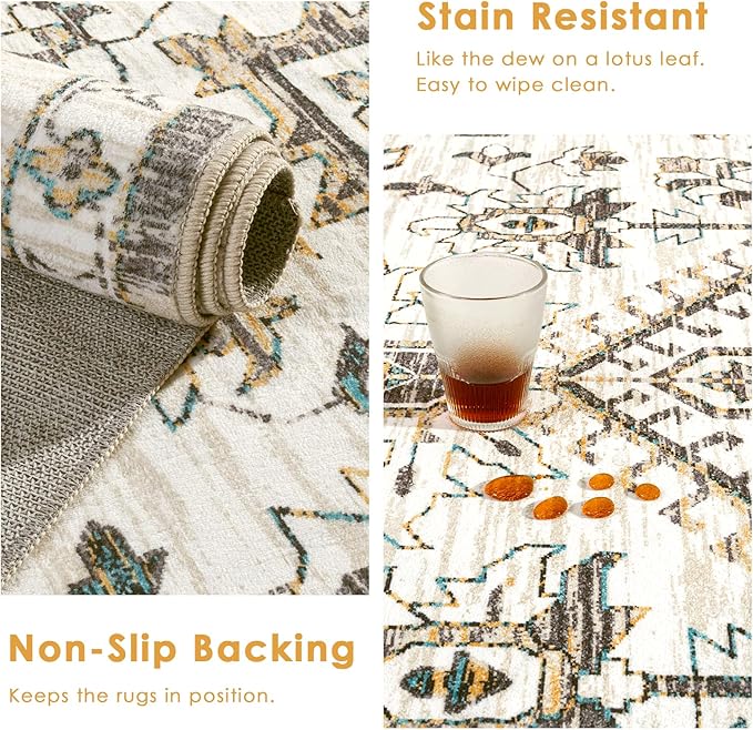 VK VK·LIVING 8x10 Area Rug Washable Rugs for Living Room Rug Vintage Design Boho Rug with Non Slip Living Room Rug Bedroom Carpet Stain Resistant, Home Decor, Beige