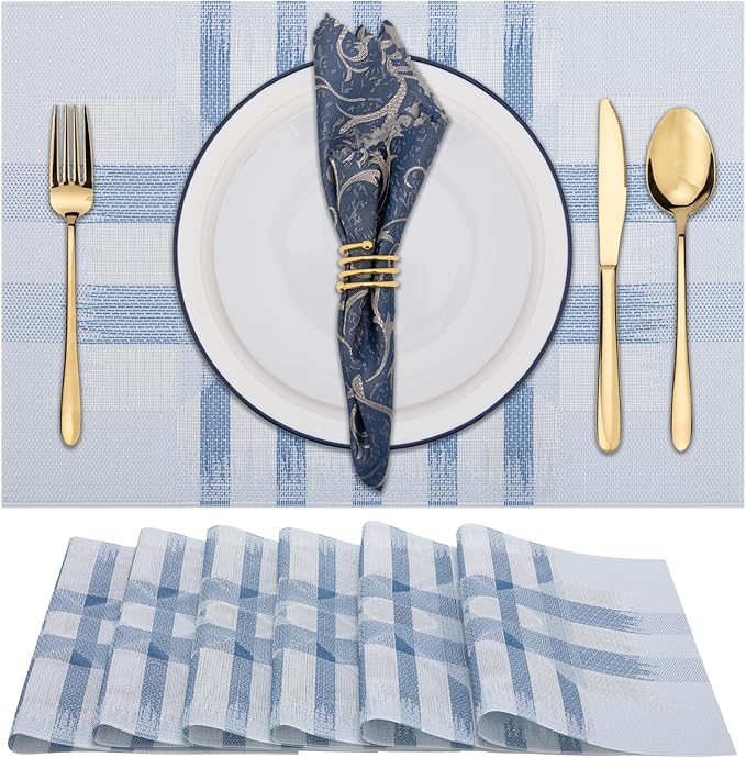 Winknowl Placemats Set of 6, Heat Resistant Stain Resistant Woven Vinyl Insulation Place mats, Durable Washable Elegant Table Mats for Kitchen Dining Table Decor (Geometric Blue)