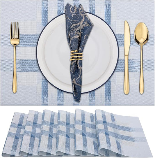 Winknowl Placemats Set of 6, Heat Resistant Stain Resistant Woven Vinyl Insulation Place mats, Durable Washable Elegant Table Mats for Kitchen Dining Table Decor (Geometric Blue)