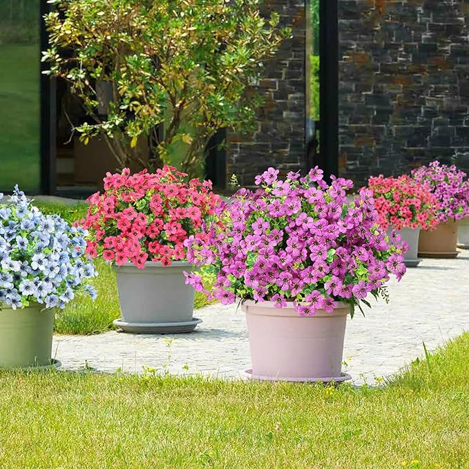 Artificial Flowers Outdoor Faux Plants UV Resistant 12 Bundles Fake Patio Flowers Plastic Greenery Plnats Outside Bulk for Spring Garden Hanging Planter Home Vase Decor, Purple