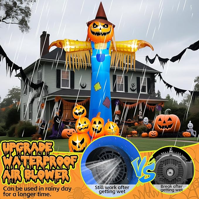 Kalolary 12.5 FT Halloween Inflatables with Music, Giant Pumpkin Scarecrow Inflatable with LED Light Blow Up Yard Decor with Scary Sound for Outdoor Garden Lawn Holiday Party Supplies