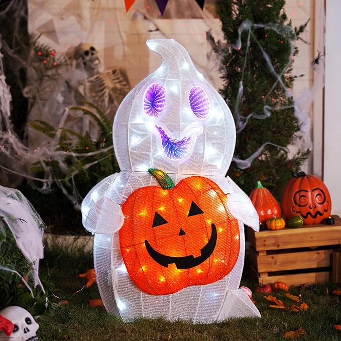 Halloween Ghost Decor, 128 LED Pre-Lit Ghost Halloween Decorations with Animated Eyes Cute Light Up Ghost Holding Pumpkin Glowing Ghosts Fall Decor for Outdoor, Indoor, Yard, Porch, Garden