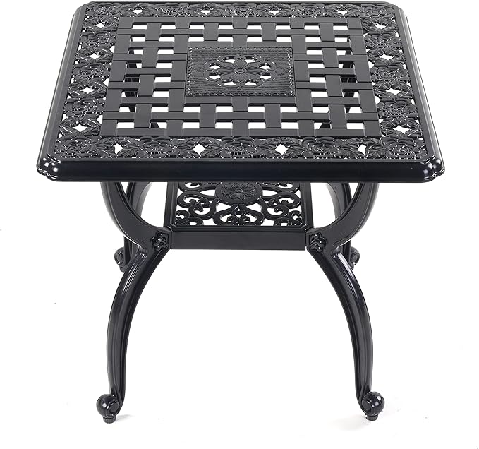 Mandolin Outdoor Patio,Rust -Resistant Cast Aluminum Side Table,Weather Resistant End Table，Coffee Table， Perfect for Patio, Backyard Or Garden. W 20.8" X H18.5(Aluminum Square, Black)
