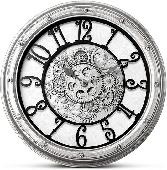 Wall Clock with Moving Gears, Vintage Industrial 16-Inch Silent Non-Ticking Steampunk Timepiece, Retro Frame Analog Battery Operated Rustic Mechanical Decor for Living Room, Home, Office, Loft(Sliver)