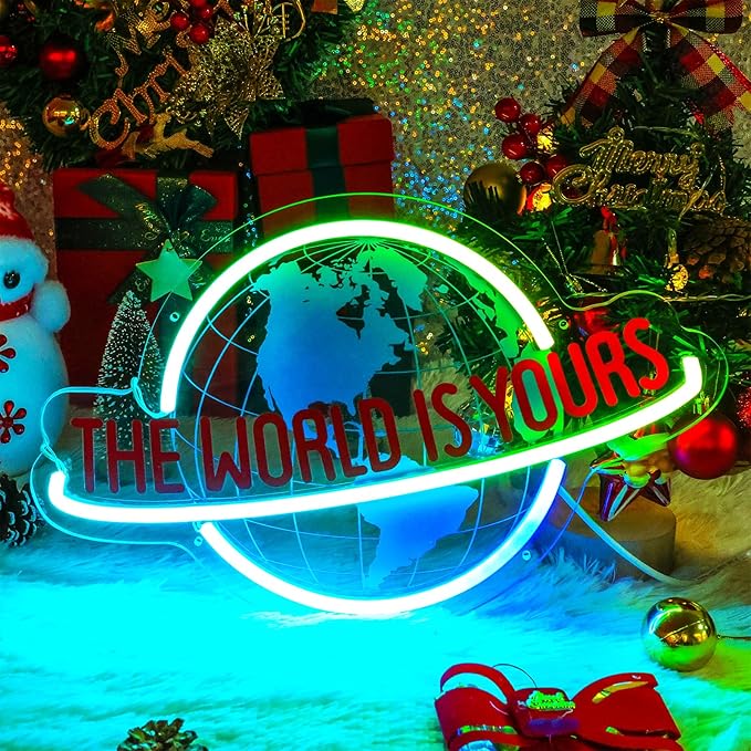 The World is Yours Neon Sign, Remote Planet LED Neon Light Lamp for Wall Decor, USB Power for Man Cave Home Bar Bistro Club Cafe Wedding Game Room Bedroom Birthday Gift Graduation Party (Multicolor)