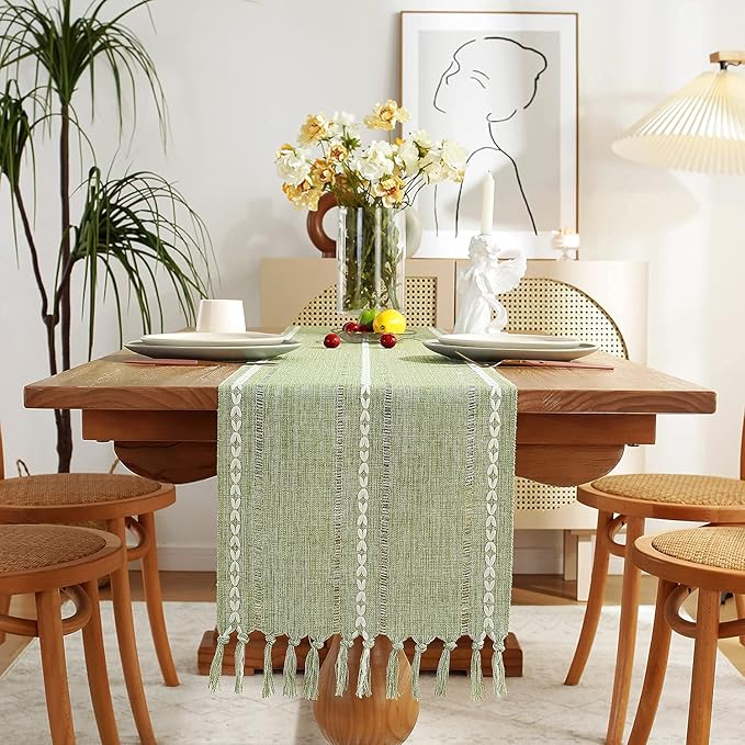 Chassic Rustic Farmhouse Style Linen Table Runner, Boho Handmade Tassel Embroidered Table Runners 72 Inches Long for Holiday Party, Christmas and Dining Decorations, 13 x 72 inch - Sage Green