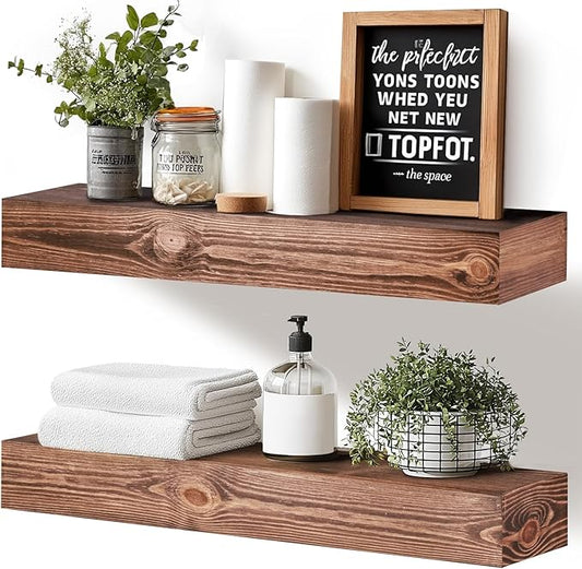 24x3x7 inch Floating Shelves Wall Mounted - Set of 2 Brown Rustic Solid Wood Wall Shelf - Heavy Duty Decorative Storage Shelves for Living Room, Bedroom, Bathroom, Kitchen