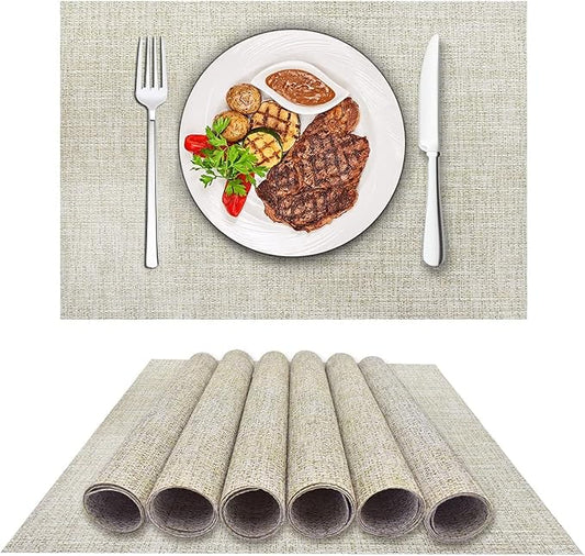 DACHUI Placemats Set of 6, Linen Look Woven Place Mats, Water Resistant, Heat Resistant, Washable, Durable Table Mats (Beige White)