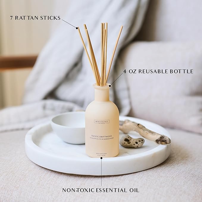 Benevolence LA Reed Diffuser for Home | Eucalyptus, Fig & Sandalwood | Elegant Home & Bathroom Decor | Fragrance Diffuser with Sticks for Bathroom - Malibu Sands Collection