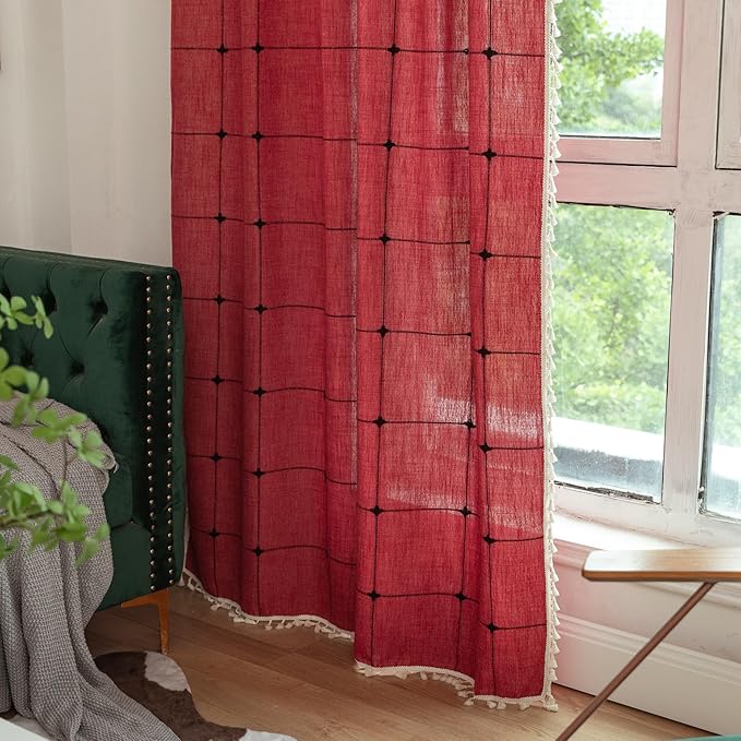 Sutuo Home Boho Curtains for Bedroom 96 Inch Length, Semi Blackout Checkered Linen Farmhouse Vintage Chic Tassels Window Treatment Bohemian Drape for Xmas Decor 1 Panel 52" W x 96" L, Red Plaids