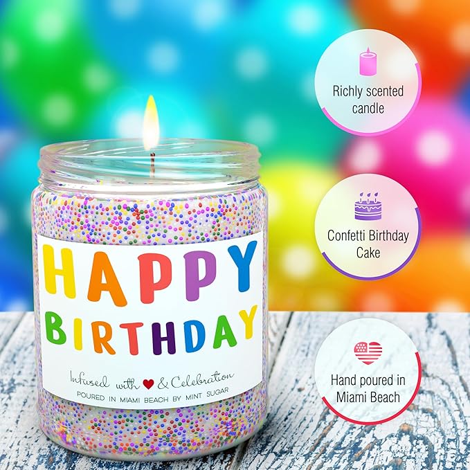 Happy Birthday Candle - Men Birthday Gift Ideas - Birthday Candles for Women - Made in USA - 9oz - Candle Birthday Gift for Women - Vanilla Birthday Cake Scent by Mint Sugar Candle Co