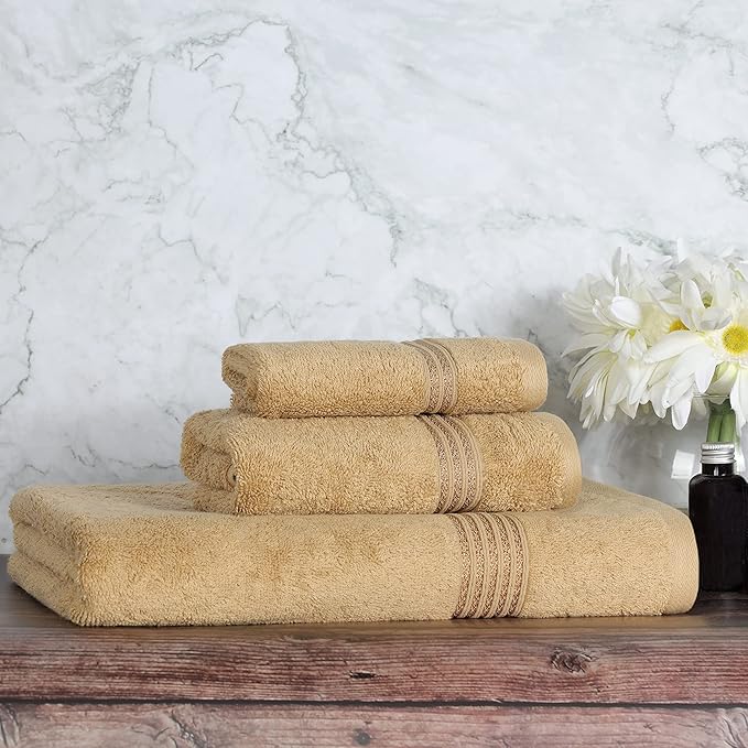 Superior Egyptian Cotton 3-Piece Towel Set, Basic Towels For Bathroom, Home Decor, Guest Bath, Shower, Apartment, Included 1 Face, 1 Hand, 1 Bath Towel, Washcloth, Quick Dry, Toast