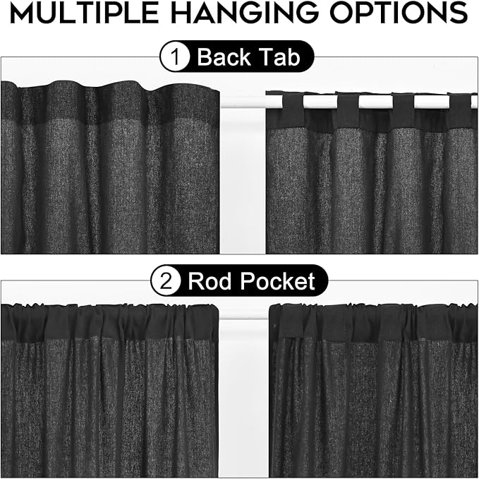 ASPMIZ Cotton Linen Window Treatment Tiers 24 Inch, Boho Rustic Kitchen Curtains Farmhouse, Black with Grey Stripe Half Window Curtain, Country Short Rod Pocket Curtains for Small Window, 2 Panels