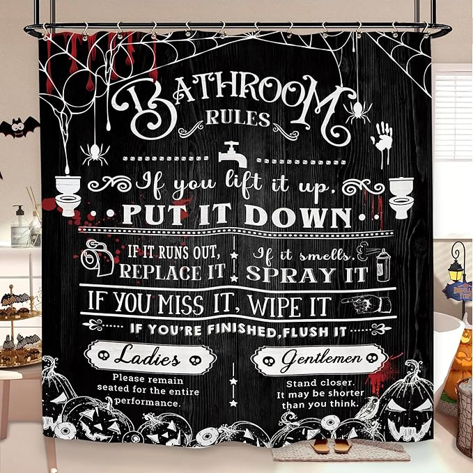 Halloween Bathroom Toilet Rules Shower Curtain 60Wx72L Inch Horror Spooky Scary Funny Pumpkin Holiday Bathroom Set Accessories Decor with 12 Pack Hooks