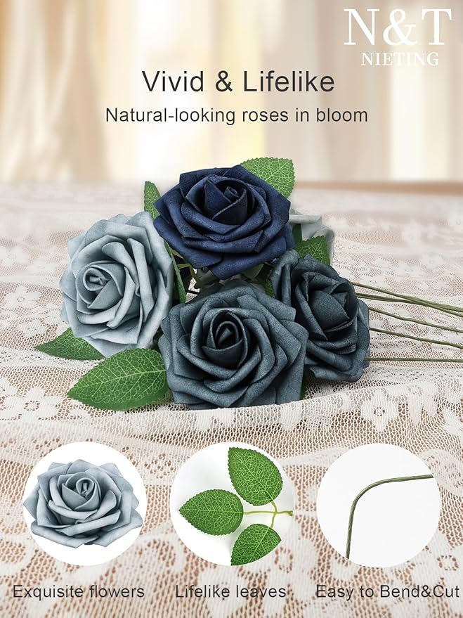 N&T NIETING Dusty Blue Fake Roses,50pcs Artificial Flowers Faux Flowers Fake Flowers for DIY Wedding Bouquets Centerpieces Floral Arrangements Home Decorations Shades of Navy Blue