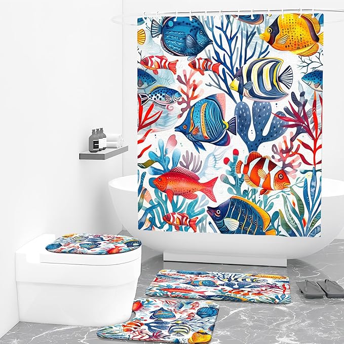 4PCS Fish Shower Curtain Set with 12 Hooks for Bathroom Sets Fish Decor, Non-Slip Rugs and Toilet Mat Lid Rug, Durable Waterproof for Bathroom Ocean Underwater World Tropical Fish Decor 72x72 Inch