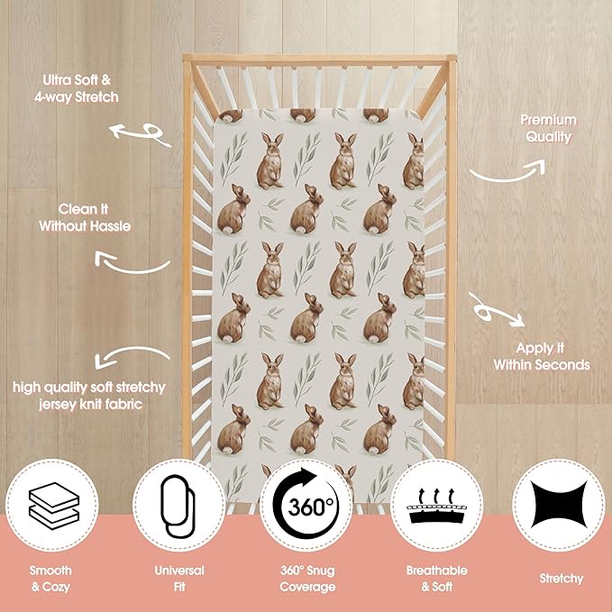 ACRABROS Crib Sheets for Girl Boy: Stretchy Baby Fitted Crib Mattress Sheets Sets 2 Pack Standard Size Ultra Soft Neutral, Rabbit Nuts