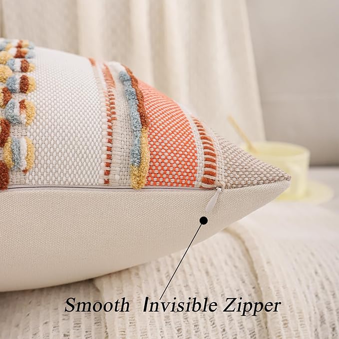 Tosleo Boho Throw Pillow Covers 18x18 Set of 2 Striped Decorative Pillow Cases Accent Chenille Pillowcases Farmhouse Cushion Case Bohemian Nuetral Textured Pillow Cover,Orange