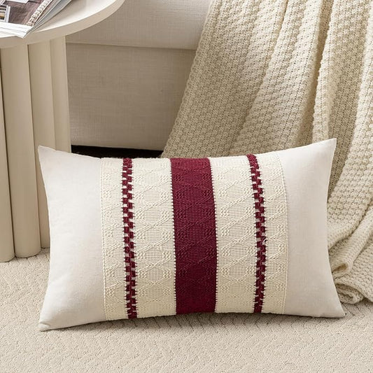Fancy Homi Set of 1 Burgundy Boho Long Lumbar Decorative Throw Pillow Cover 14x24 Inch for Couch Bed Sofa, Aesthetic Modern Farmhouse Christmas Room Decor, Soft Cotton Cute Wind Red Cushion Case